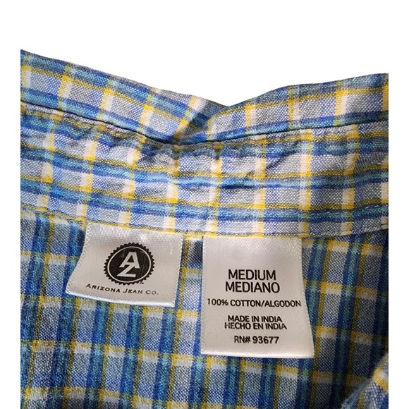 Arizona Jean Co Womens Medium Blue Yellow Plaid Sleeveless Cotton Button Shirt - Picture 2 of 6